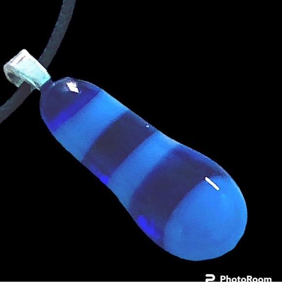 Blue Pendant Art Glass Pendant Denim Striped Necklace Cobalt Blue Teardrop - Picture 1 of 3